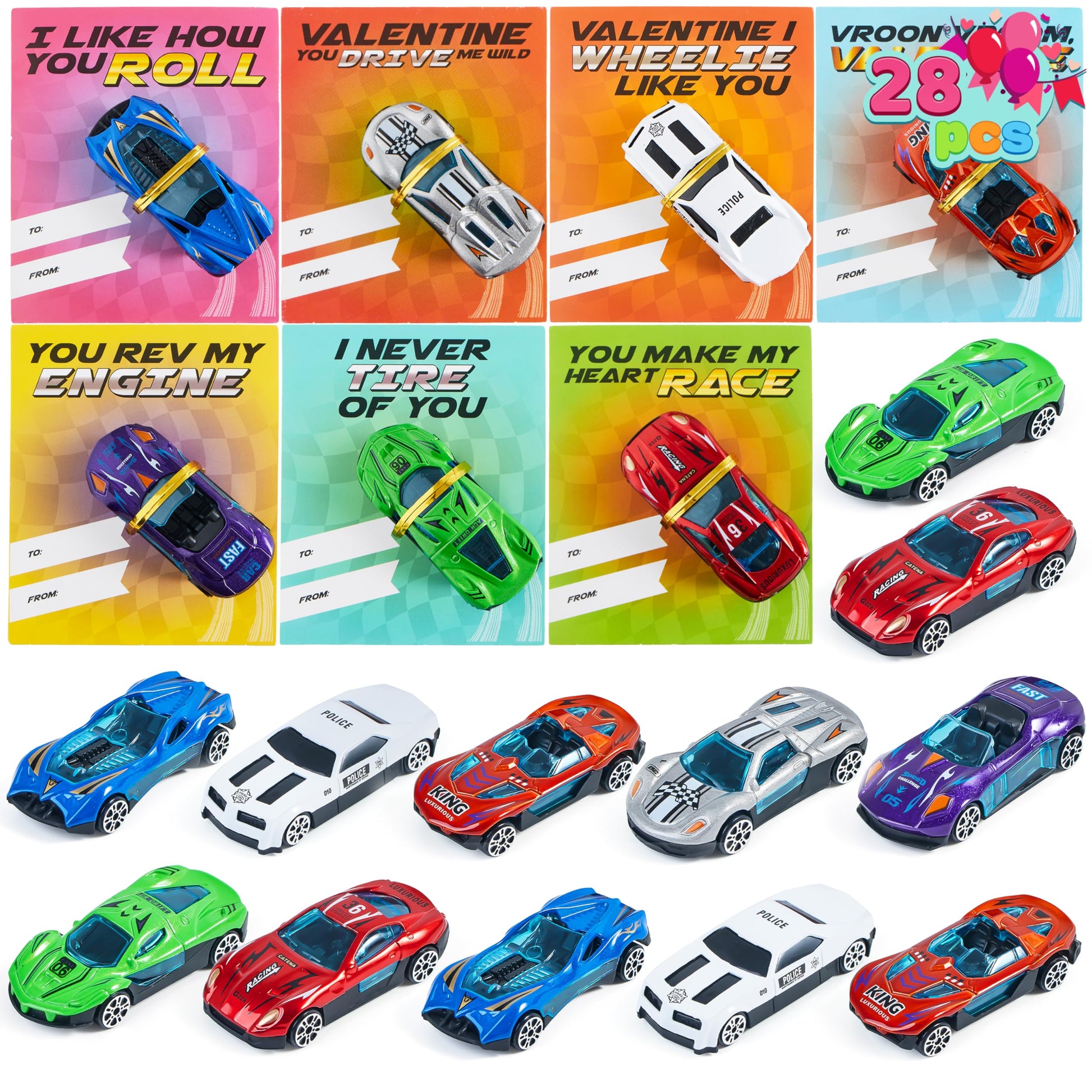 JOYIN 28 Valentines Day Gifts Cards with Die-Cast Racing Cars Vehicle for Kids School Classroom Exchange Party Favor Gift Supplies