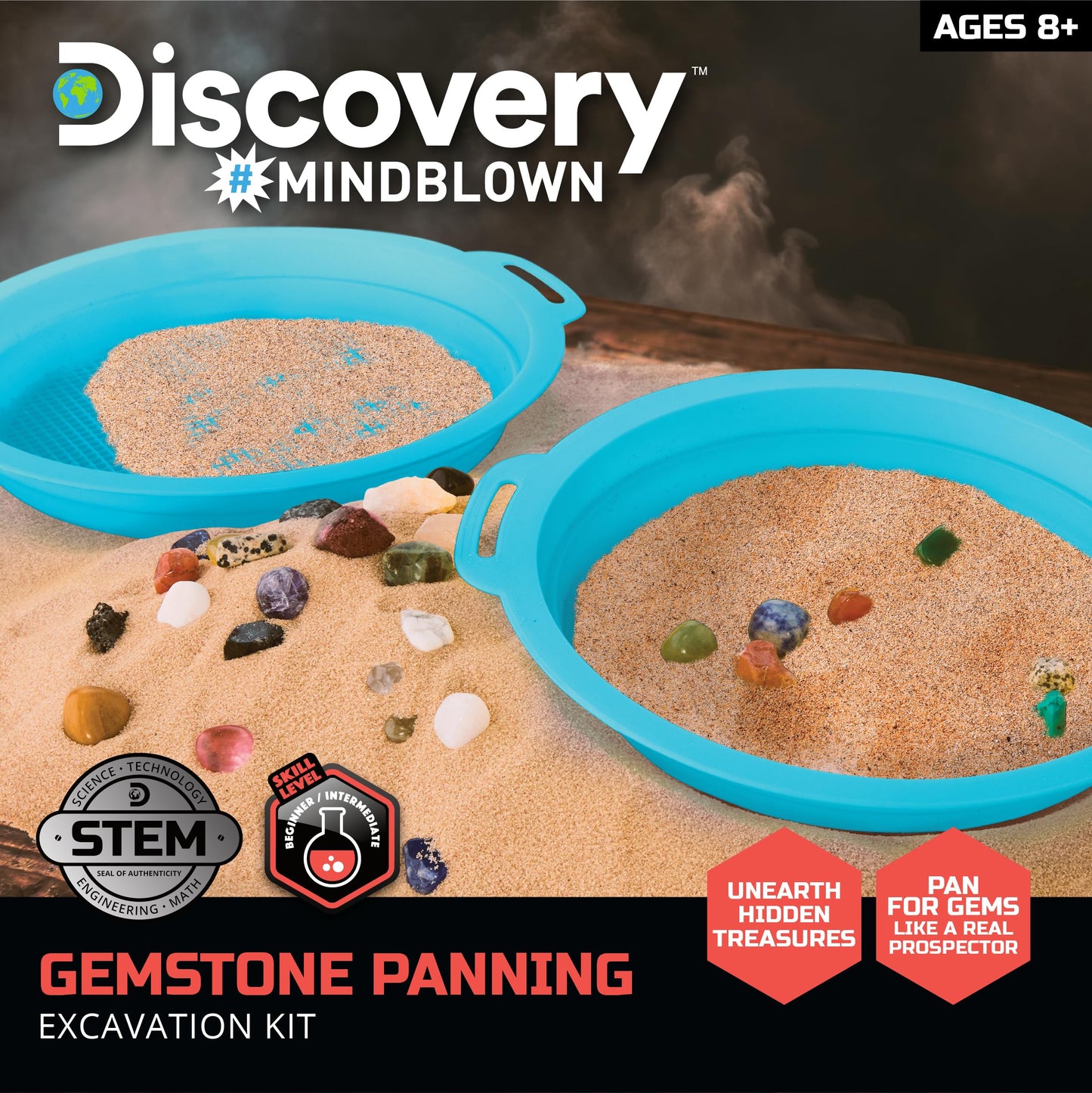 Discovery™ Gemstone Panning STEM Kit - Pan for 30 Real Gems| 2 Sifting Pans, Sand & Learning Guide| Educational Science Activity for Kids| Geology