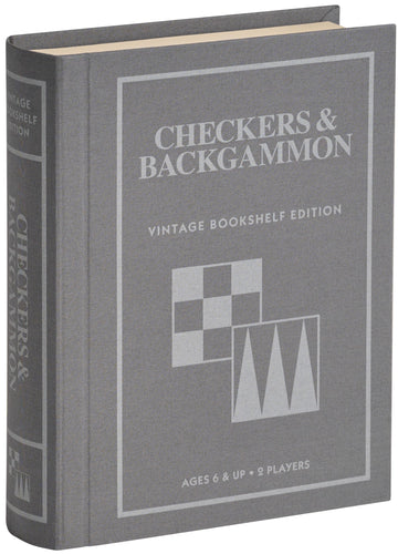 Checkers and Backgammon Vintage Bookshelf Edition by WS Game Company, Linen Wrapped Book Box & Slipcase - Reversible Board, Wooden Pieces - Checkers