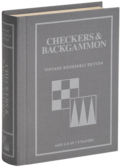 Checkers and Backgammon Vintage Bookshelf Edition by WS Game Company, Linen Wrapped Book Box & Slipcase - Reversible Board, Wooden Pieces - Checkers