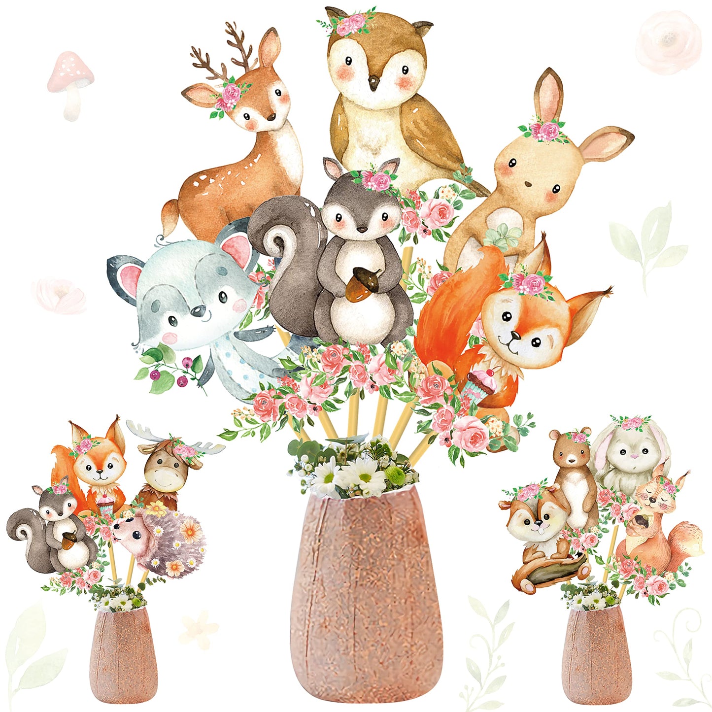 Woodland Party Centerpieces Decoration 24pcs Floral Woodland Animal Table Toppers for Woodland Baby Shower Centerpieces Decoration Forest Animal