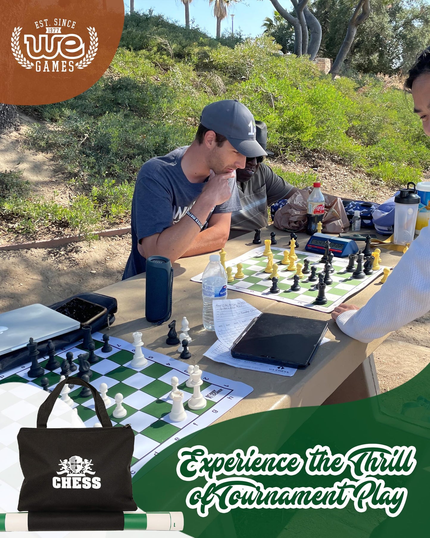 WE Games Best Value Tournament Chess Set - Includes 34 Chessmen, Roll Up Green Vinyl Chess Board, Storage Bag for Pieces, Instructions and Equalizer