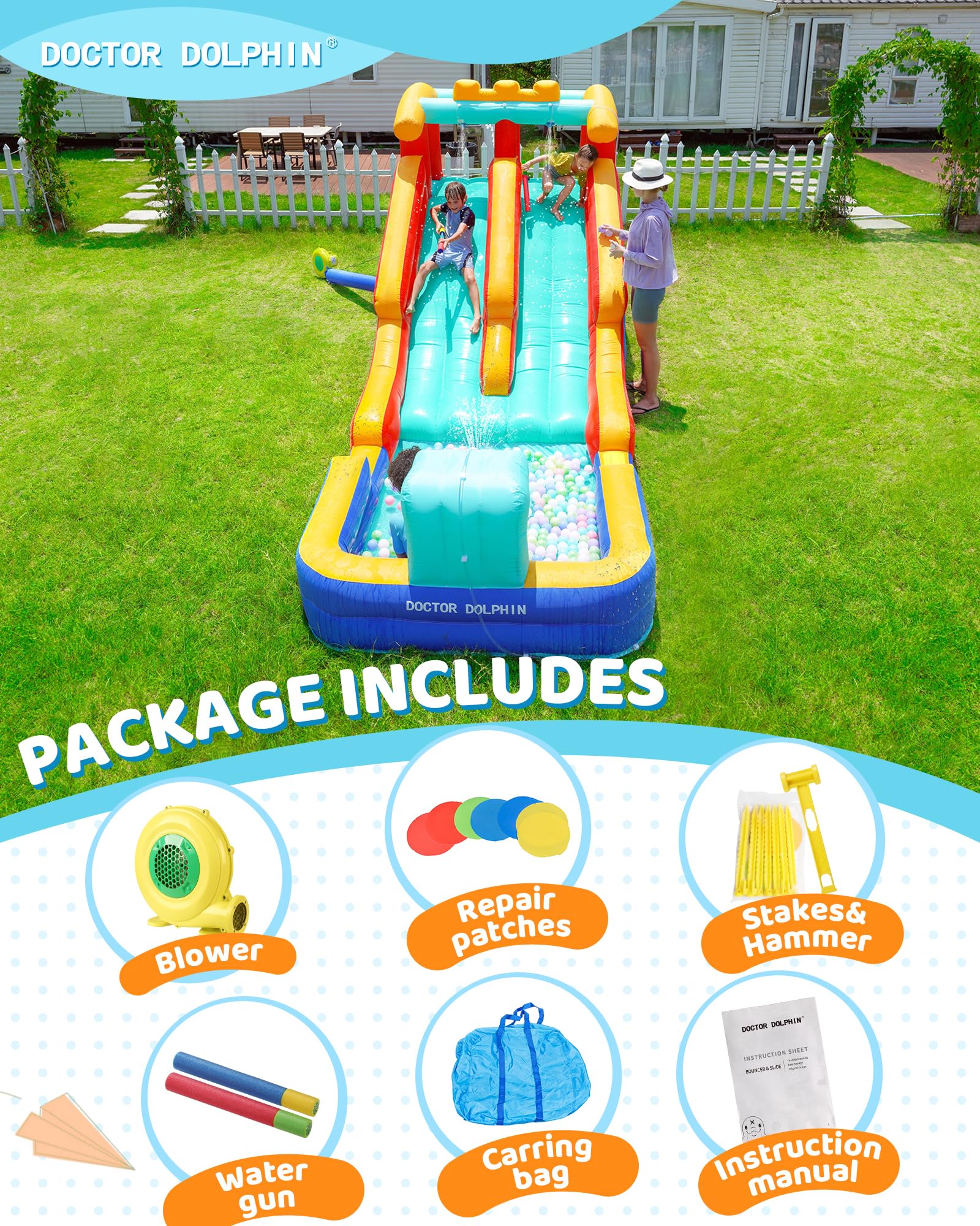 Doctor Dolphin Inflatable Water Slide with Dual Racing Slides, Mega 9-in-1 Water Park for Kids Backyard, Water Bounce House with Climbing Wall