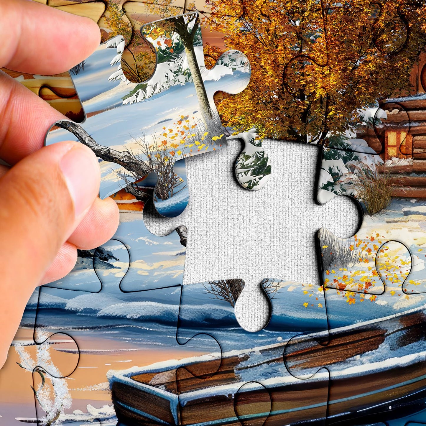 Winter Nature Landscape Puzzles for Adults 1000 Pieces, Pretty Sunset Lake House Tree Jigsaw Puzzles, Challenging Snow Scenic Cabin River Animal