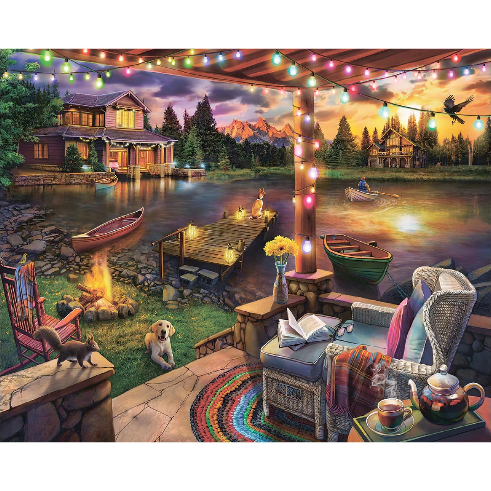 White Mountain 500 Piece Jigsaw Puzzle Lake Cabin Scenic, Summer Evening