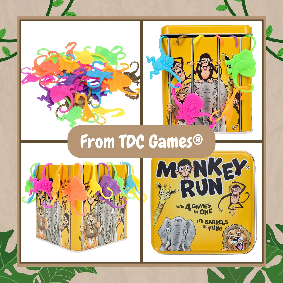 TDC Games Monkey Run - Monkey Linking Chain Game in Tin Box, 32 Colorful Animal Figures, Four Games in One, Travel Games for 1-4 Players, Dexterity
