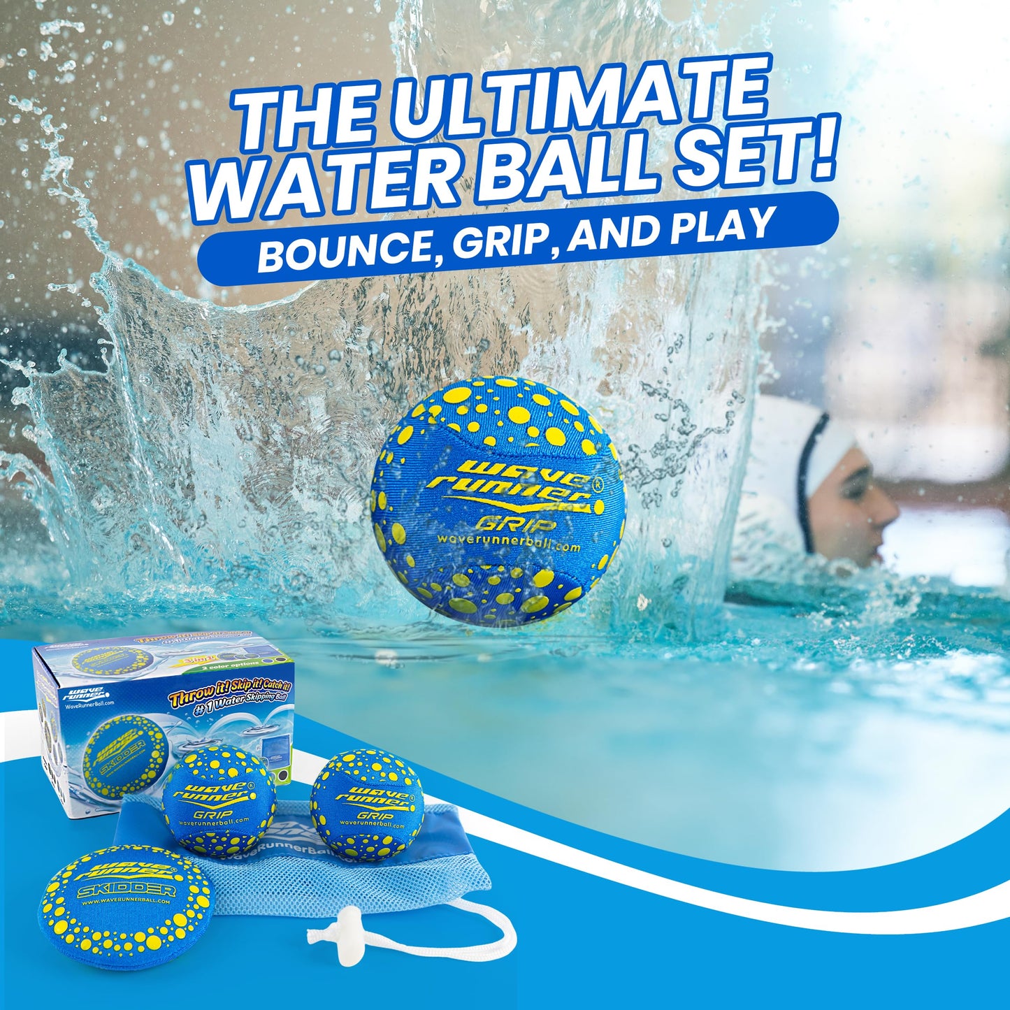 Wave Runner Water Skipping Balls 2 Pack, Soft Foam Pool Balls for Kids & Adults, Bounce Across Water, Floating Beach Toys with Mesh Bag, Summer Pool
