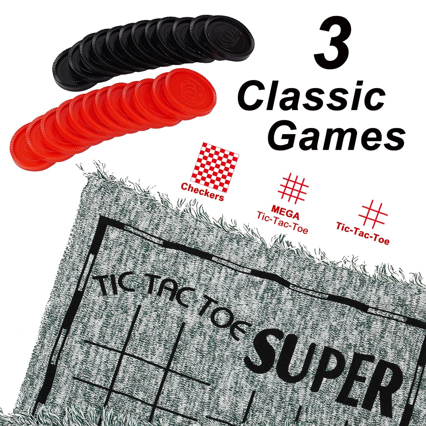 Win SPORTS 3 in 1 Giant Checkers,Mega Tic Tac Toe,Indoor Outdoor Jumbo Classic Board Games,30”Reversible Rug with 24 Checkers Pieces,Checkers Cloth