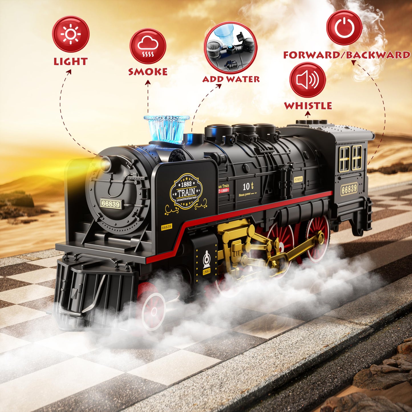 Funwee Electric Steam Train Set with Glowing Passenger Carriages,Locomotive Train Model for Under Christmas Tree with Lights,Smoke and Sounds,Gift