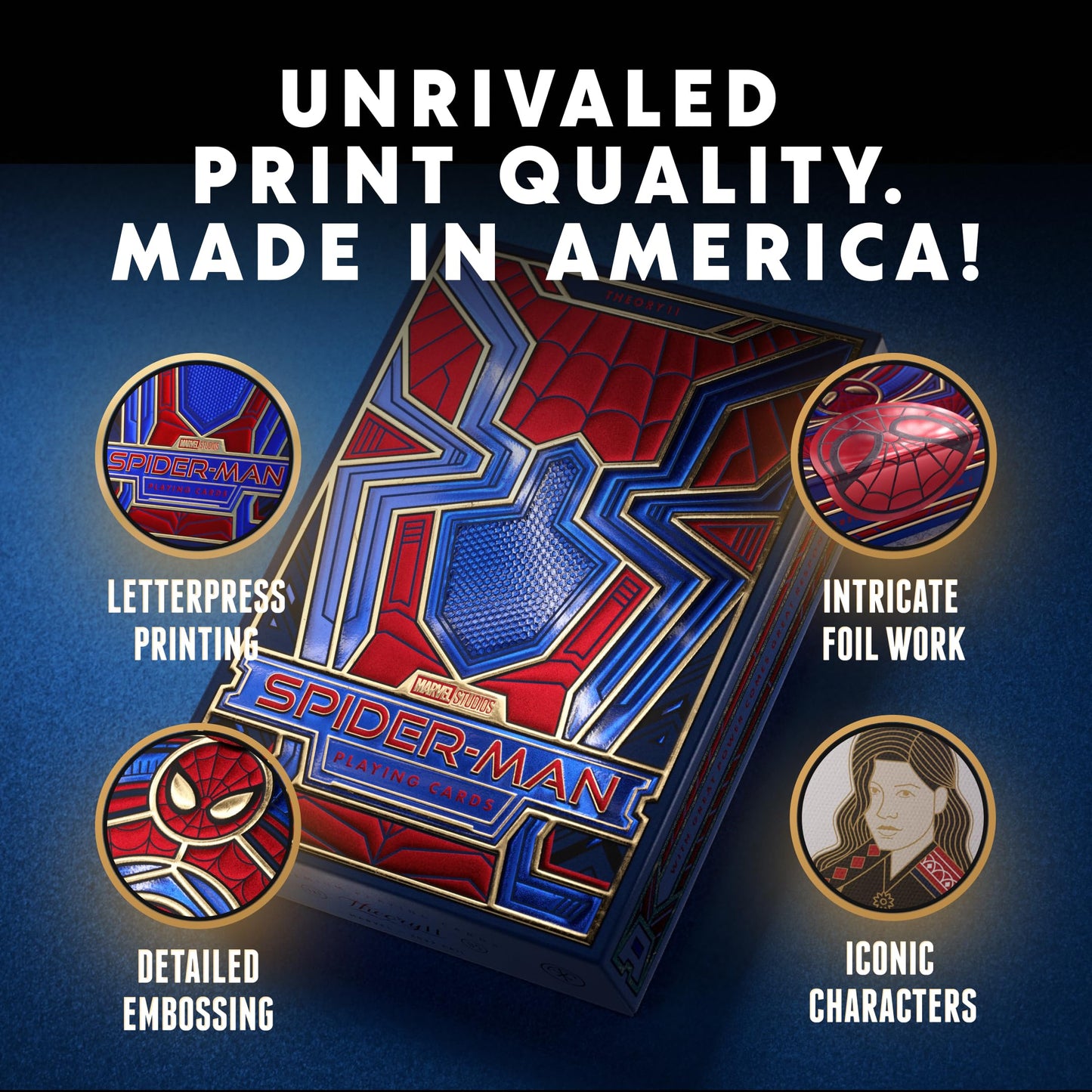 theory11 Spider-Man Playing Cards - Blue Red Gold Web-Suit Poker Deck with Custom Movie Artwork, Magic, Cardistry, Game Night Gift for Marvel Fans