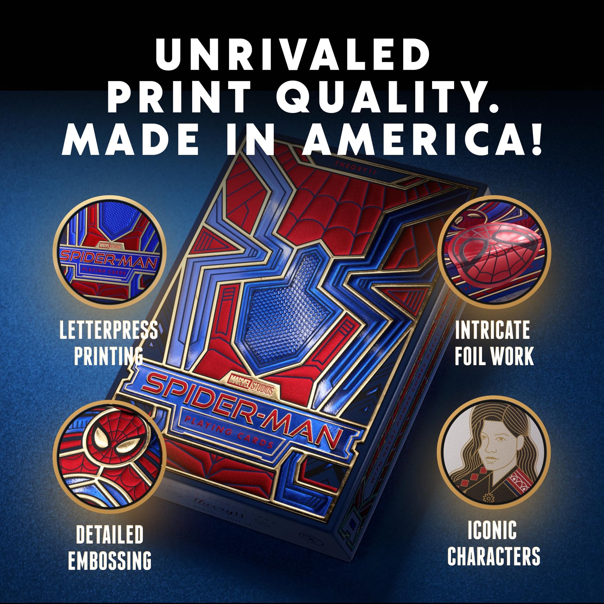 theory11 Spider-Man Playing Cards - Blue Red Gold Web-Suit Poker Deck with Custom Movie Artwork, Magic, Cardistry, Game Night Gift for Marvel Fans