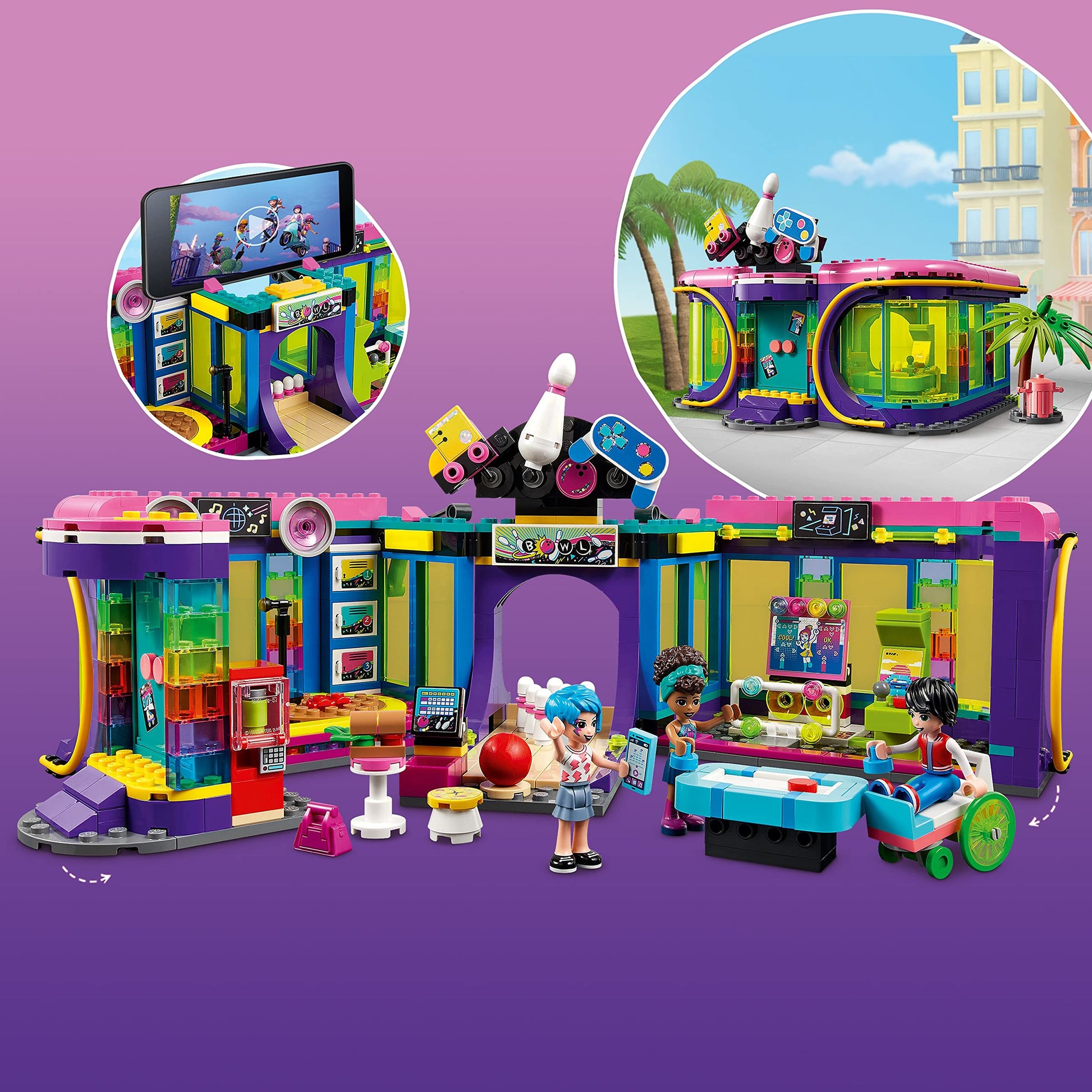 LEGO Friends Roller Disco Arcade Set 41708, Toy Bowling Game, Andrea Mini-Doll Included, Birthday Present Idea for Kids, Girls and Boys 7+, Fun