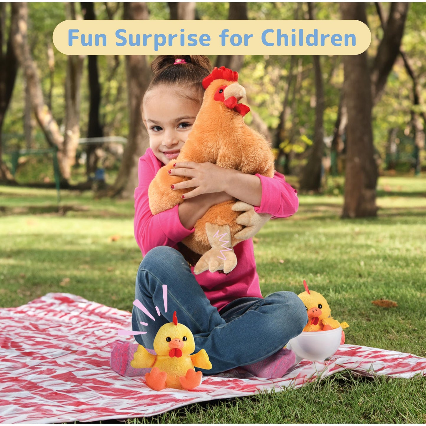 PREXTEX Hen Toy with Two Plastic Easter Eggs and Cute Baby Chicks Inside - Big Mommy Hen Plush with Chicks Zippered in Eggs - Adorable Chicken