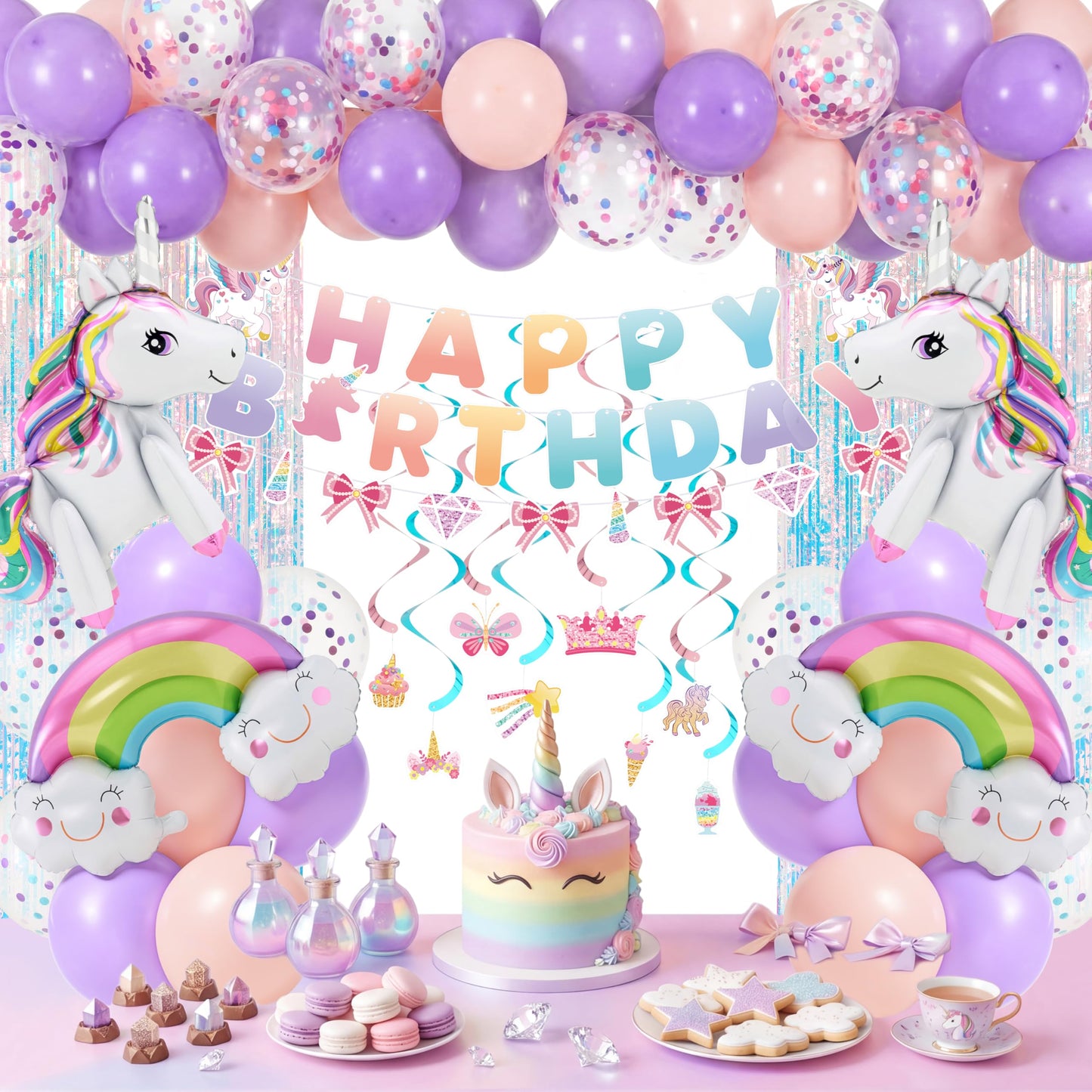 JOYIN Unicorn Magical Rainbow Birthday Party Decorations, 76PCS Unicorn Party Supplies with Banner, Foil & Latex Balloons, Spiral Swirls and Tinsel