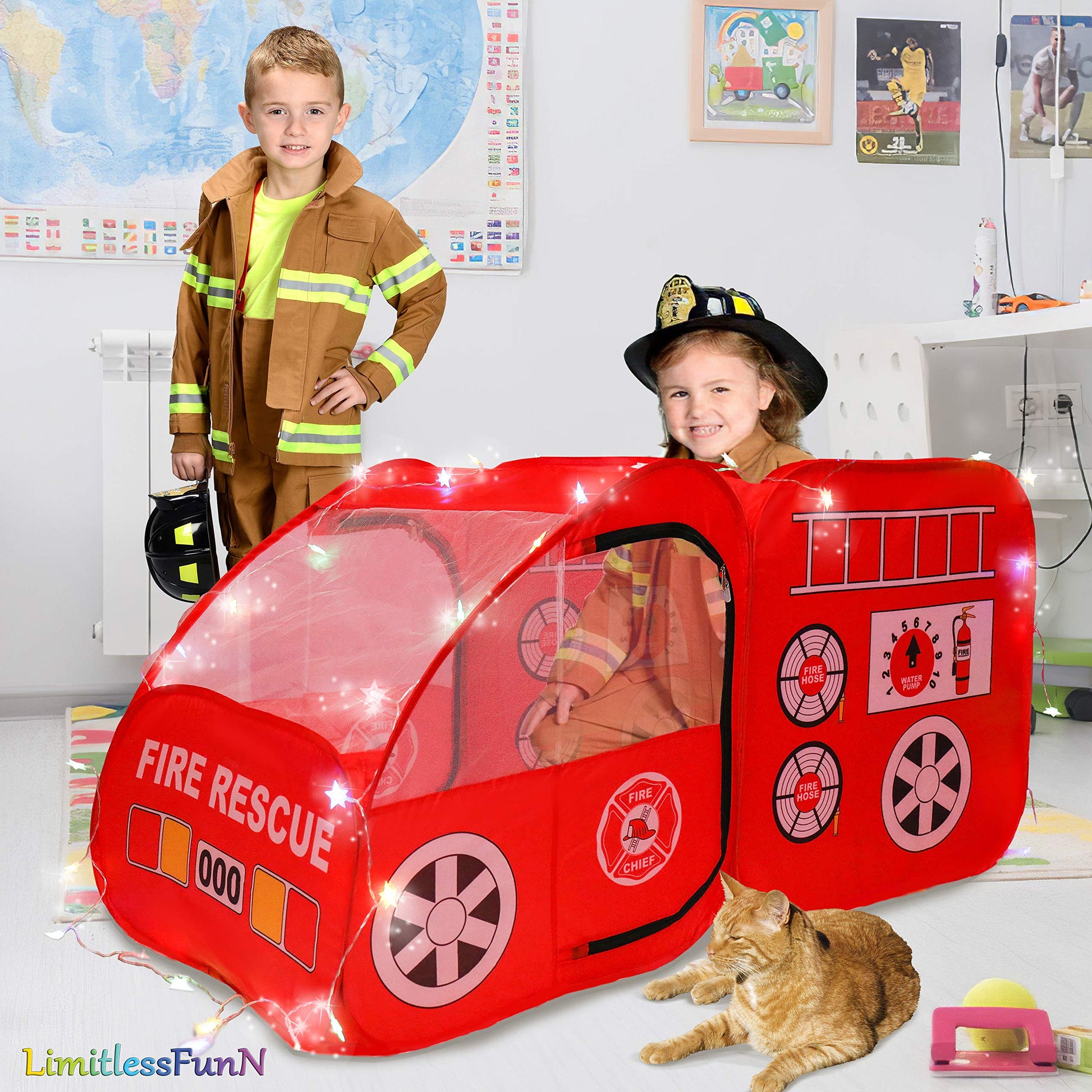 Fire Truck Pop Up Kids Tent & Lights, Children's Firetruck Play House