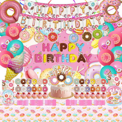 Donut Sweets Birthday Party Supplies, Donut Style Party Decorations Include Happy Birthday Banner, Backdrop, Tableware Set, Tablecloth, Cake Toppers