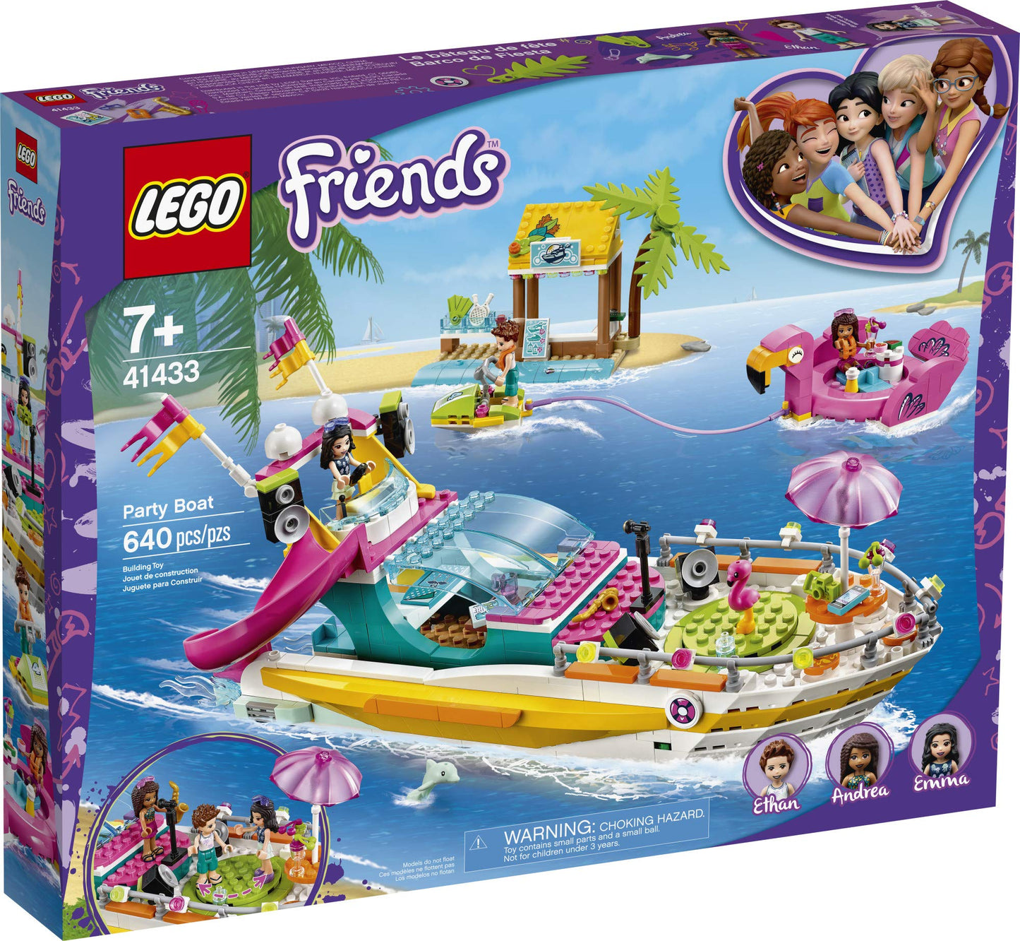 LEGO Friends Party Boat 41433 Including LEGO Friends Emma, Andrea and Ethan Mini-Doll Figures, Beach Store and Flamingo Party Boat, Great Summer Toy