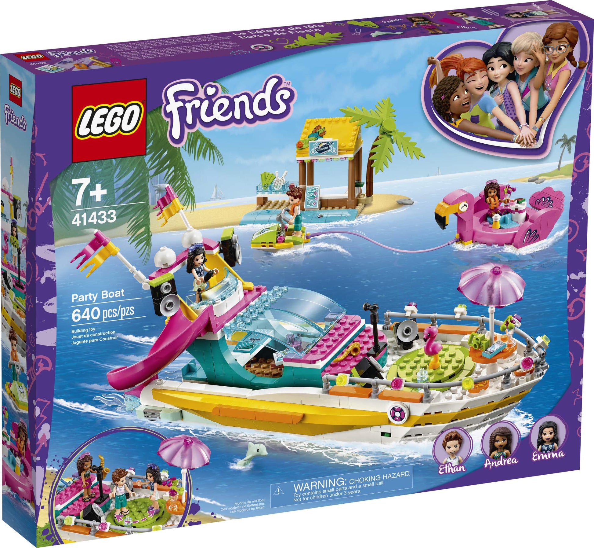 LEGO Friends Party Boat 41433 Including LEGO Friends Emma, Andrea and Ethan Mini-Doll Figures, Beach Store and Flamingo Party Boat, Great Summer Toy