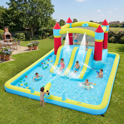 Inflatable Bounce House Water Slide, 7-in-1 Double Slide Bouncy Castle with 350W Blower, Kids Outdoor Backyard Play Center with Jumping Area, Water