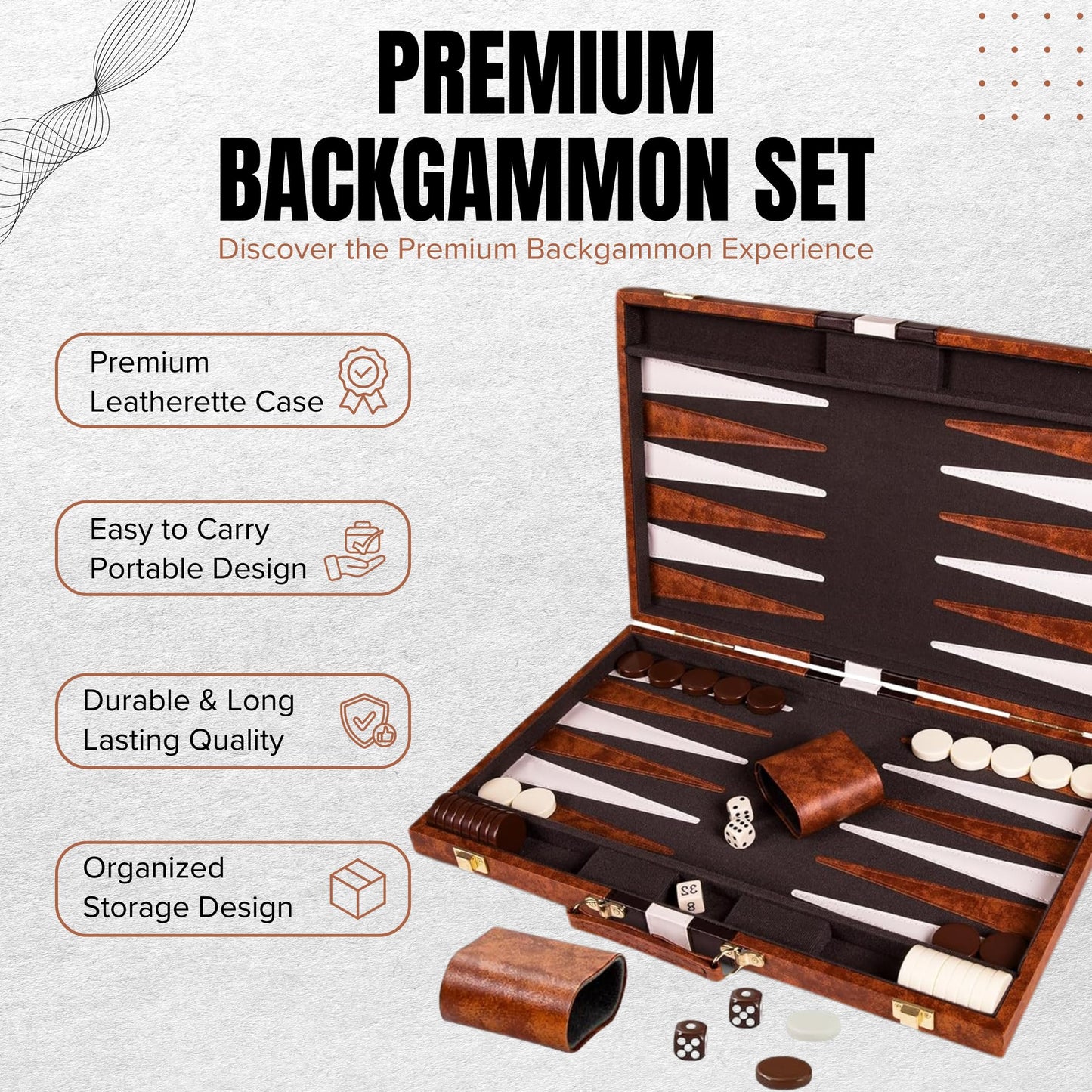 Premium Backgammon 18 Inches Large Brown - Backgammon Sets for Adults and Kids - Leatherette Back Gammon Board Game Set - Travel Backgammon Set Board