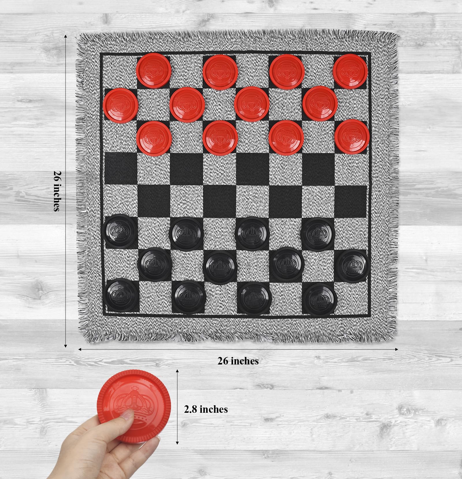 QuadPro Giant Checkers Board Game Set,3 in 1 Jumbo Tic Tac Toe Game,Classic Checkers Board Game for Kids & Adults,Large Checkers Rug Game Mat,Indoor