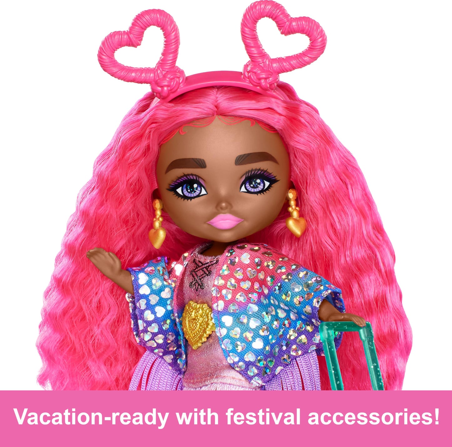 Barbie Extra Fly Minis Travel Doll, Desert Festival Look with Magenta Hair in Fringe Jacket, Dress & Accessories, 5.5-inch