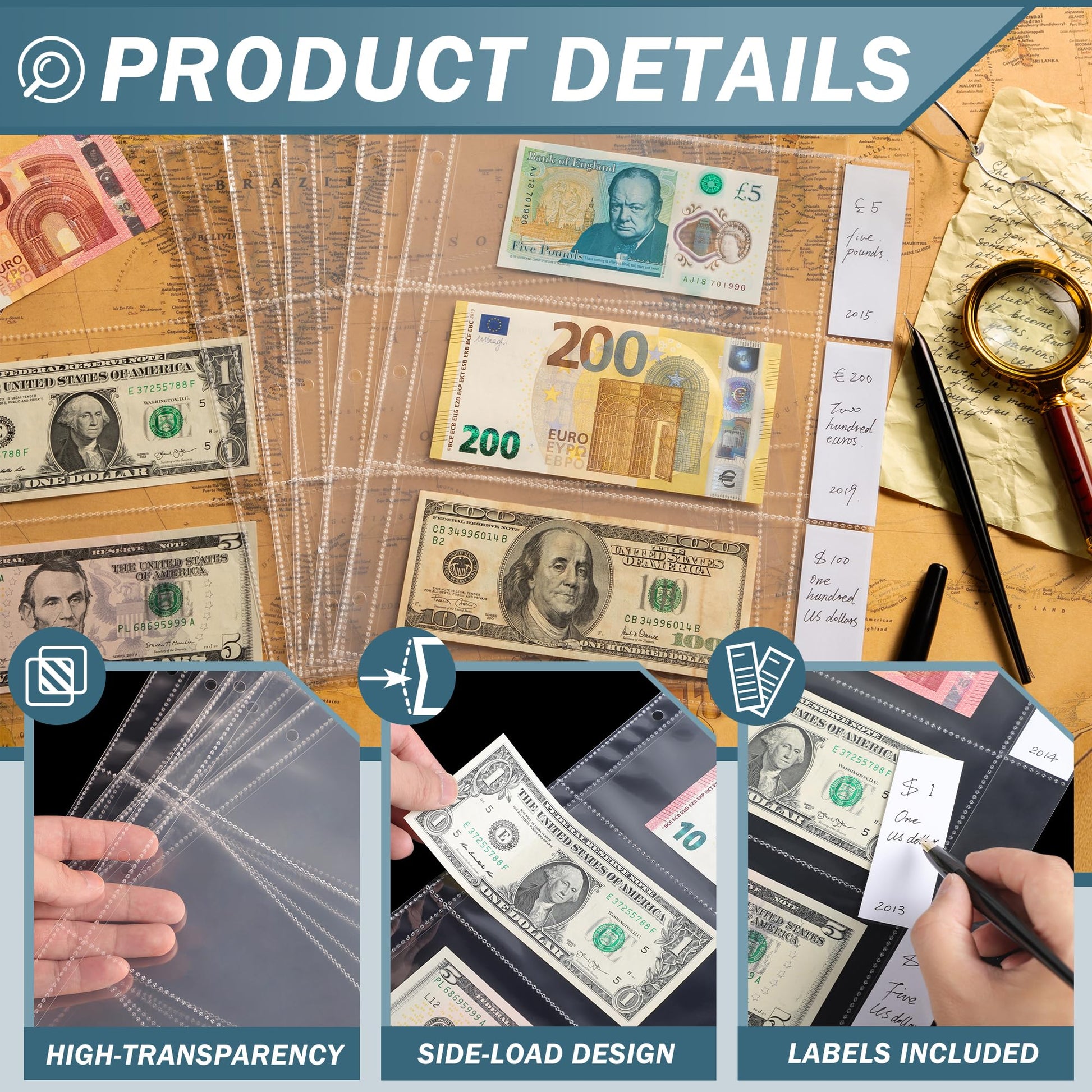 Uncle Paul 20 Sheets Currency Pages with Labels for Paper Money Collection - 3 Pockets Currency Sleeves Currency Holder Collecting Album Pages for