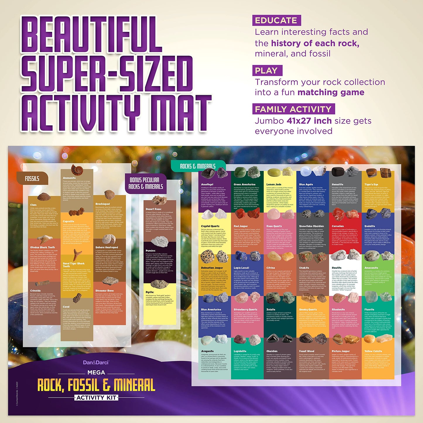 Dan&Darci Rock Collection for Kids - Includes 250+ Bulk Rocks, Gemstones & Crystals + Genuine Fossils and Minerals - 2 Lbs. - Geology Earth Science