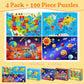 4 Packs 100 Piece Puzzles for Kids Ages 4-6 6-8 8-10, USA World Map Kids Puzzles Ages 3-5 4-6 5-8, Solar System Mars Adventure 100 Piece Puzzle