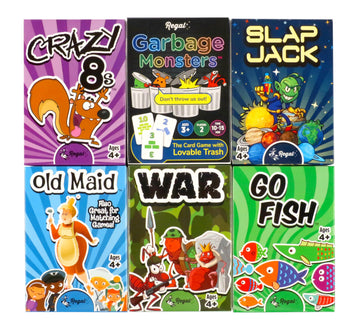 Regal Games Card Games for Kids - Go Fish, Crazy 8's, Old Maid, Slap Jack, Garbage Monster, War - Simple & Fun Classic Family Table Games - Games May