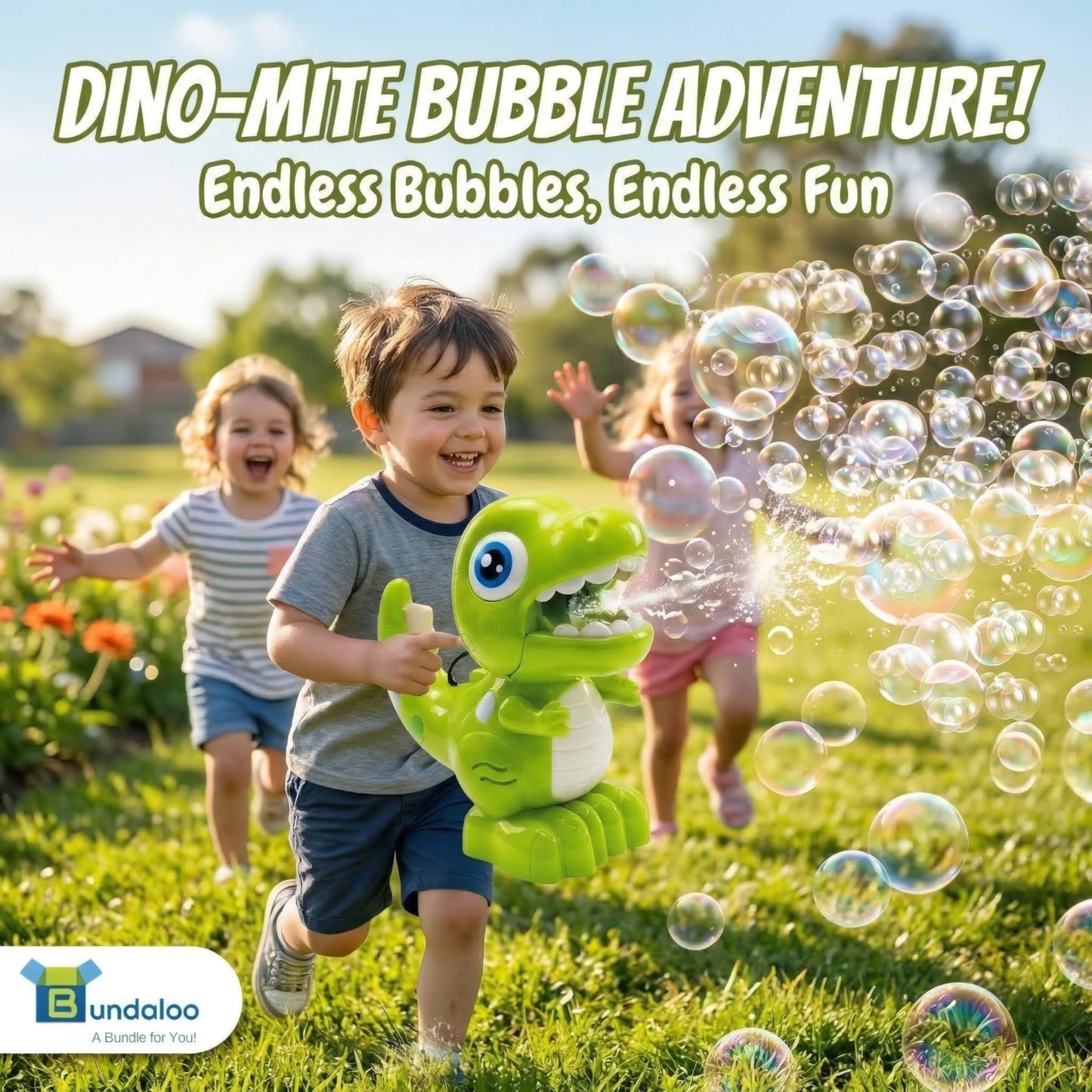 Bundaloo Dino Bubble Blower for Kids, Automatic Bubble Machine with Lights & Sounds, Includes 2 Bottles of Bubble Solution & Funnel, Fun Dinosaur