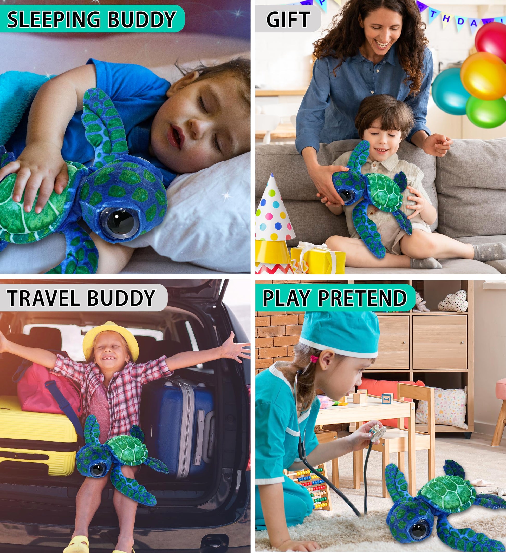 DolliBu Blue Sea Turtle Super Soft Stuffed Animal, Cute Realistic Stuffed Animals for Girls. Boys and Adults Animal Gifts, Kids Ocean Nursery Decor