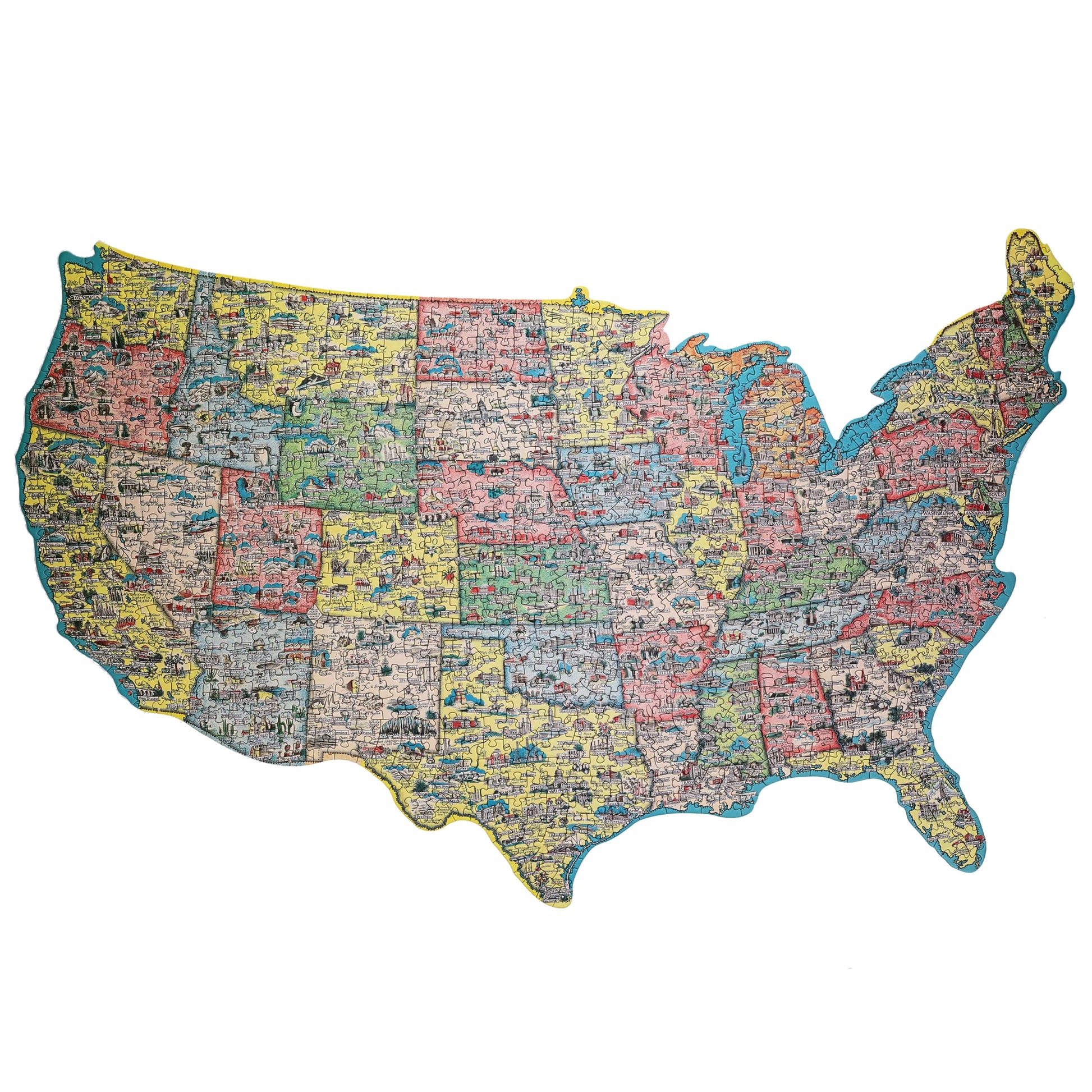 TDC Games USA Shaped Jigsaw Puzzle - America the Wonderland - 1940’s Pictorial Map of the United States, Puzzles for Adults 1000 Pieces, 31 inches
