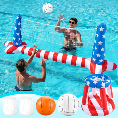 SLOOSH 4th of July Pool Games Set, Inflatable Pool Floats Set American Flag Volleyball Net & Basketball Hoops, Swimming Pool Game Toy for Kids