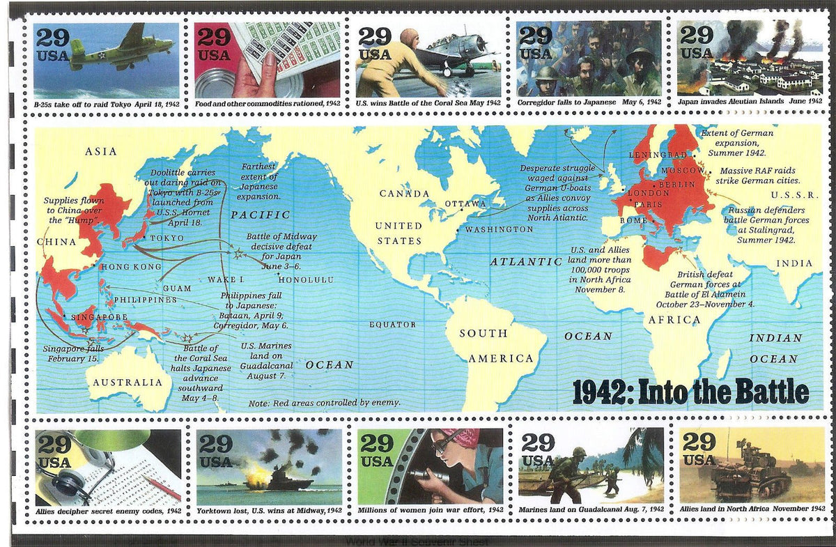 WWII 1942 Into The Battle Block of 10 x 29 Cent Stamps Scott #2697 by USPS