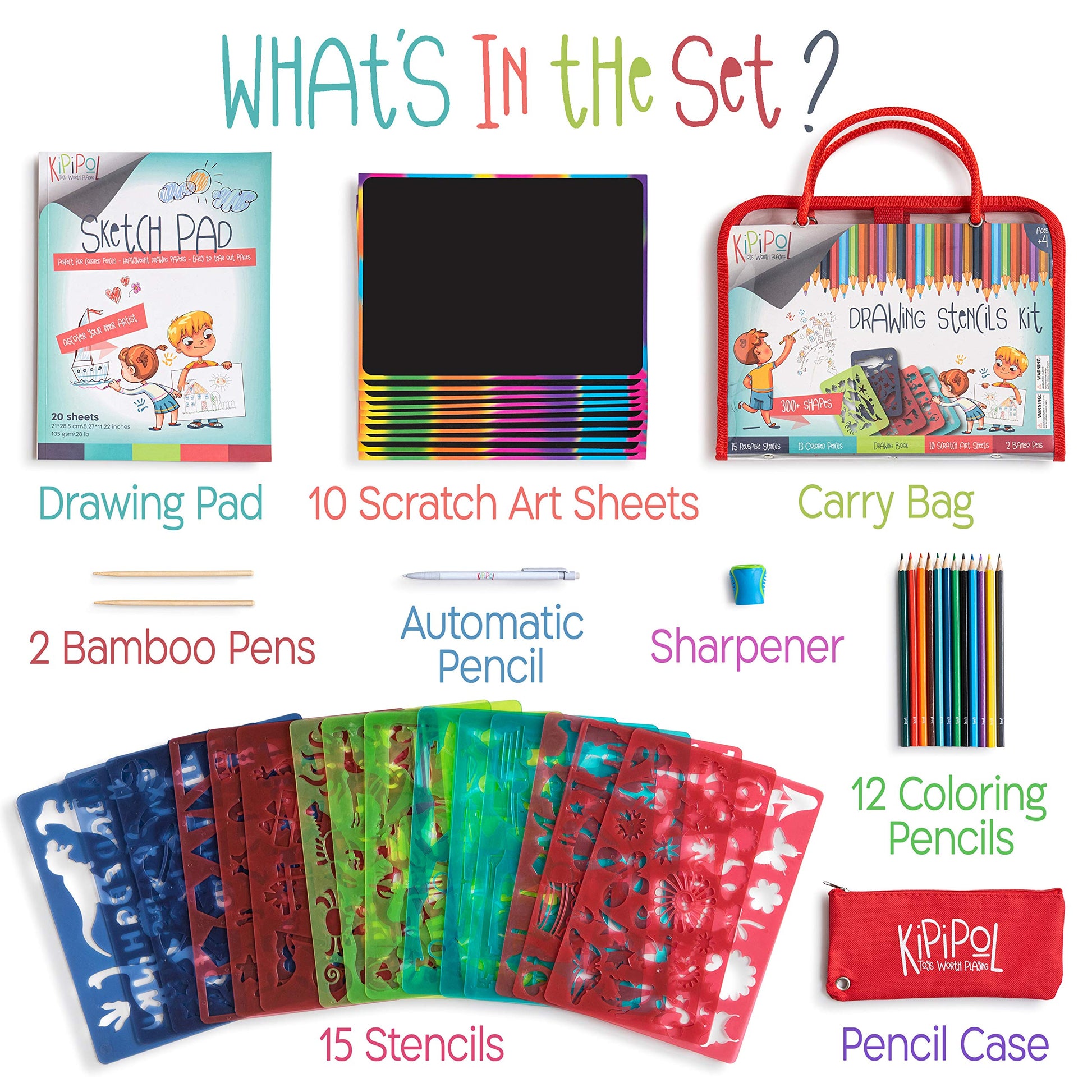 Kipipol 63 Pcs Drawing Stencils for Kids Ages 4-8 - 8-12 and Up - Arts and Crafts for Girls and Boys - Kids Drawing kit - Arts Set- 15 Art Stencils