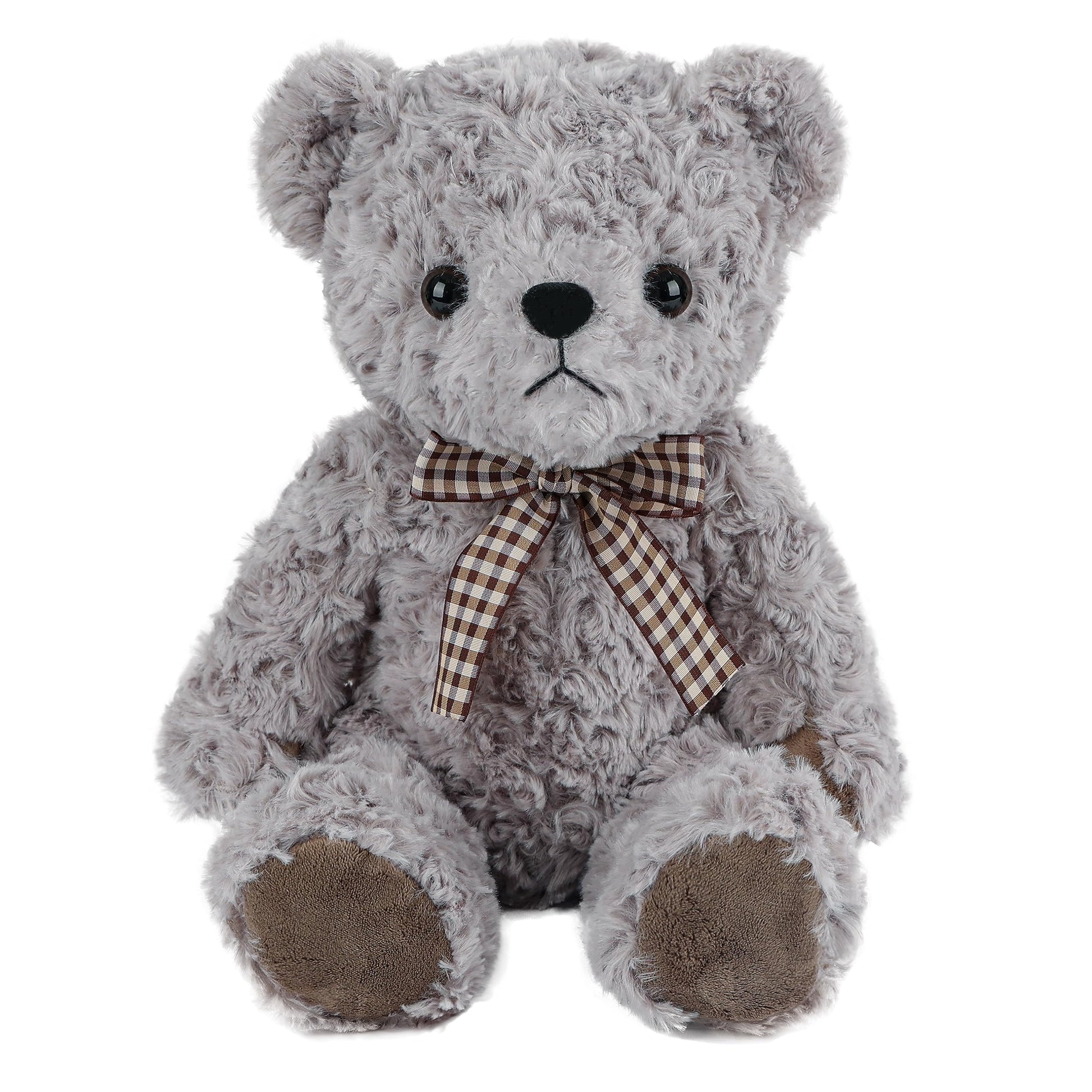 WEIGEDU Classic Fluffy Teddy Bear Plush Toys Stuffed Animals with Vintage Lattice Tie for Kids Babies Birthday Bedtime, 11.8 inches Gray
