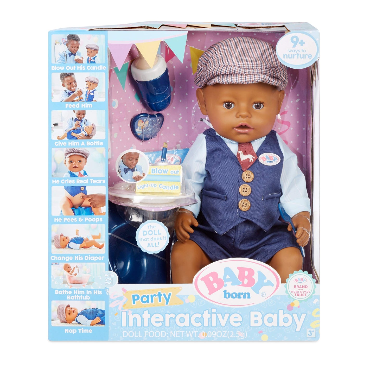 Baby Born Interactive Boy Baby Doll Party Theme - Brown Eyes with 9 Ways to Nurture, Multicolored