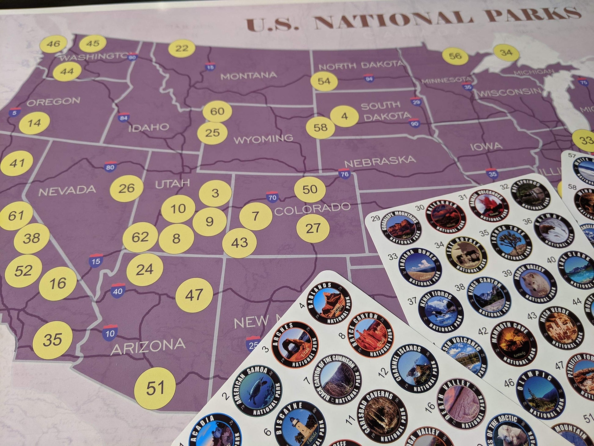 Collection 63 Stickers Set All US National Parks and Large Size Map of U.S. National Parks.17 x 27 inch with Tube Box.