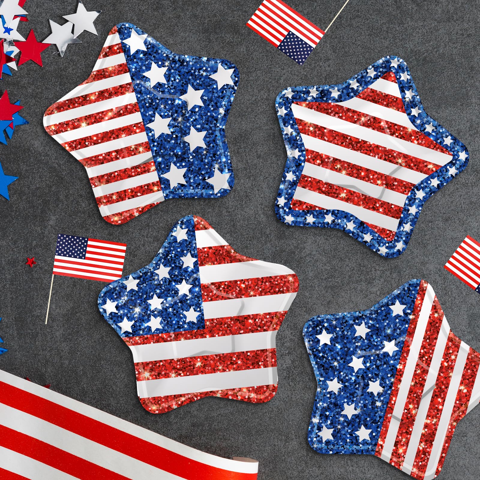 24 Pcs 4th of July Paper Plates - American Flag Patriotic Plate, Disposable Red White and Blue Star Shaped Dinner Dessert Plates Tableware for July