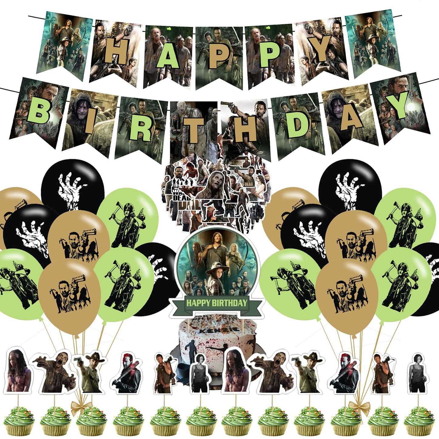 The Walking Dead Party Supplies - Birthday Decorations for TV Show Theme With Happy Birthday Banner, Cake Topper, Balloons, and Stickers