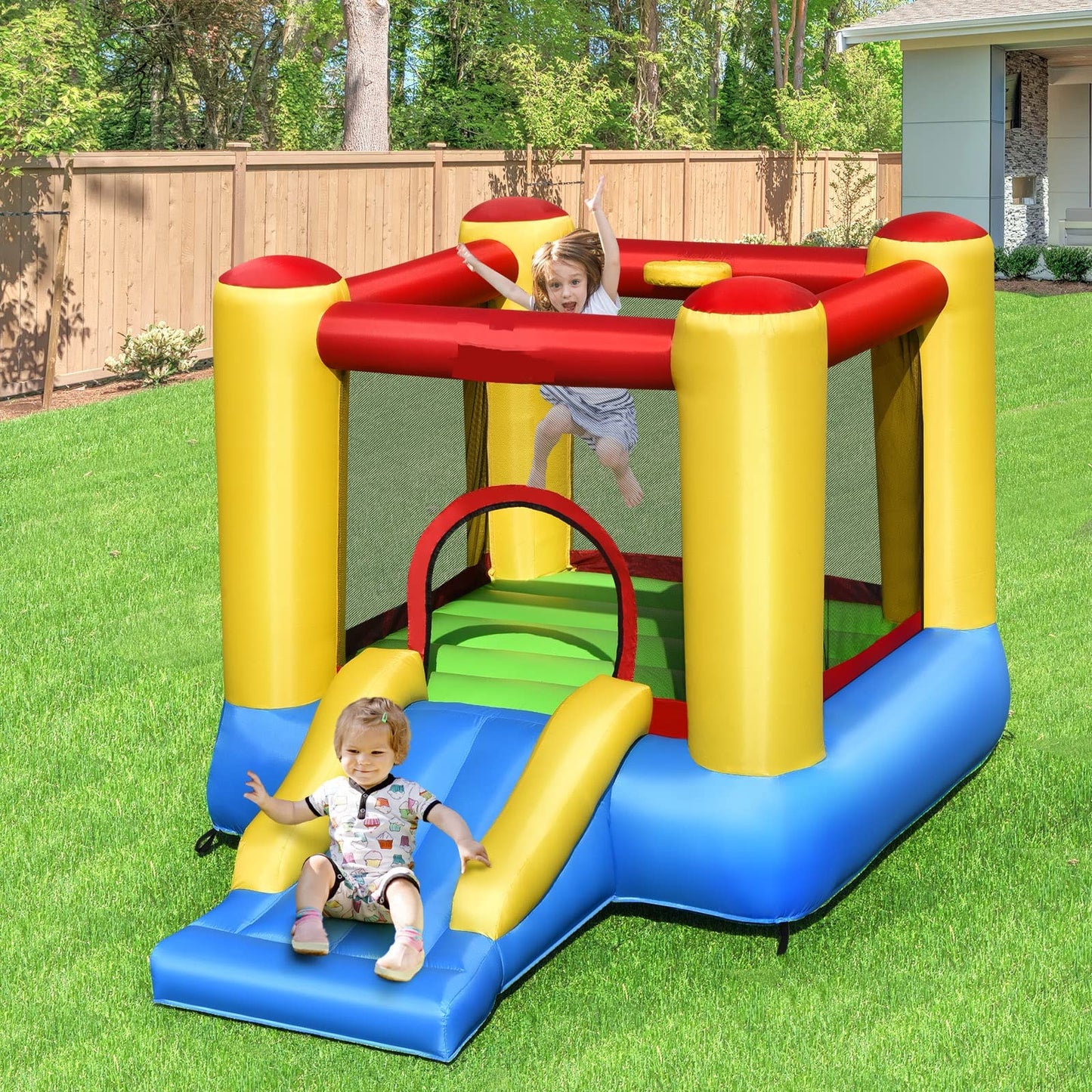 OLAKIDS Inflatable Bounce House, Jumping Castle with Slide, Bouncing Area, Polyester Mesh, Basketball Rim, Indoor Outdoor Bouncy House with Carrying