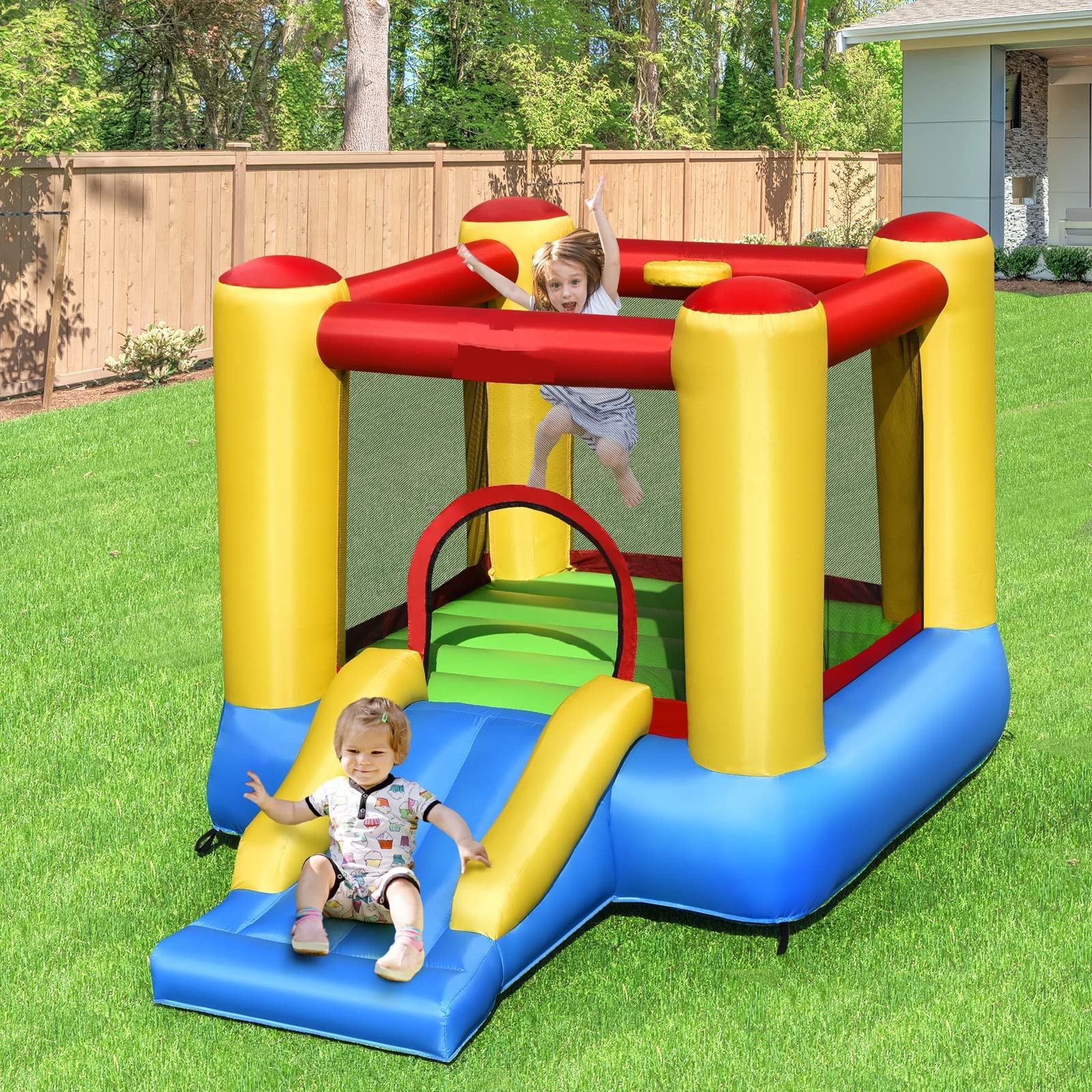 OLAKIDS Inflatable Bounce House, Jumping Castle with Slide, Bouncing Area, Polyester Mesh, Basketball Rim, Indoor Outdoor Bouncy House with Carrying