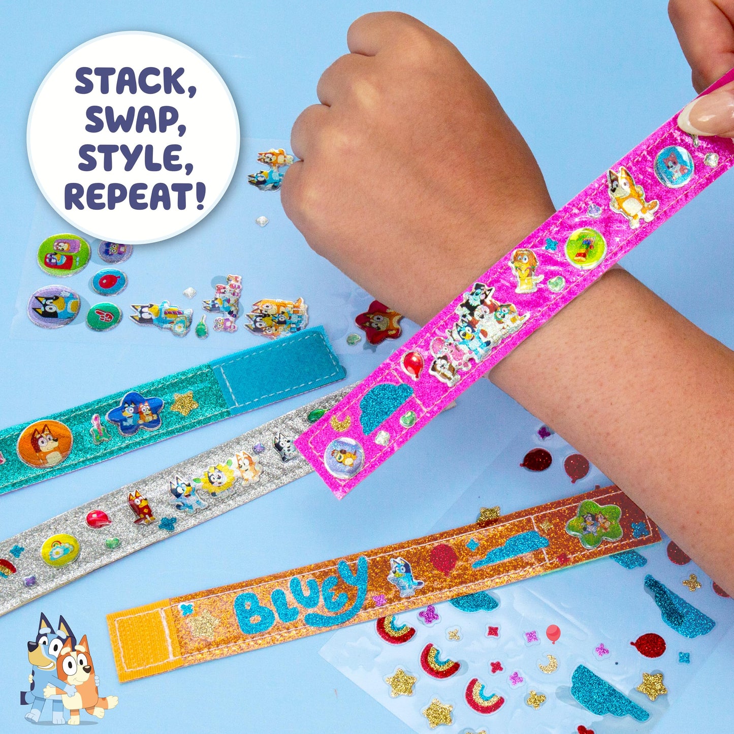 Bluey Sparkle Bracelet Making Kit, 4 Reversible Bracelets with Easy Closure, 100+ Traditional and Puffy Resin Stickers, DIY Bluey Jewelry, Arts