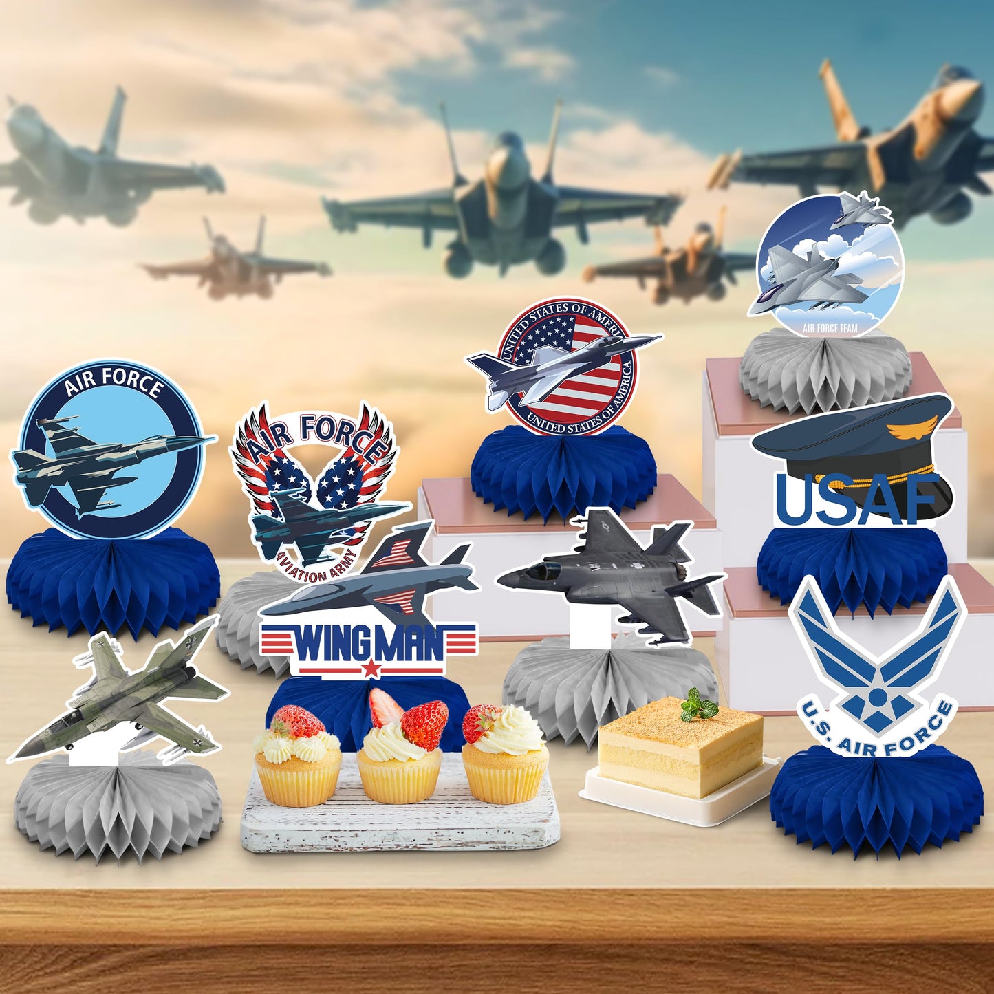 9Pcs Airplane Honeycomb Centerpieces, 3D Table Toppers, Double Sided Printed Aviation Fighter Theme Party Decorations, Birthday Party Baby Shower
