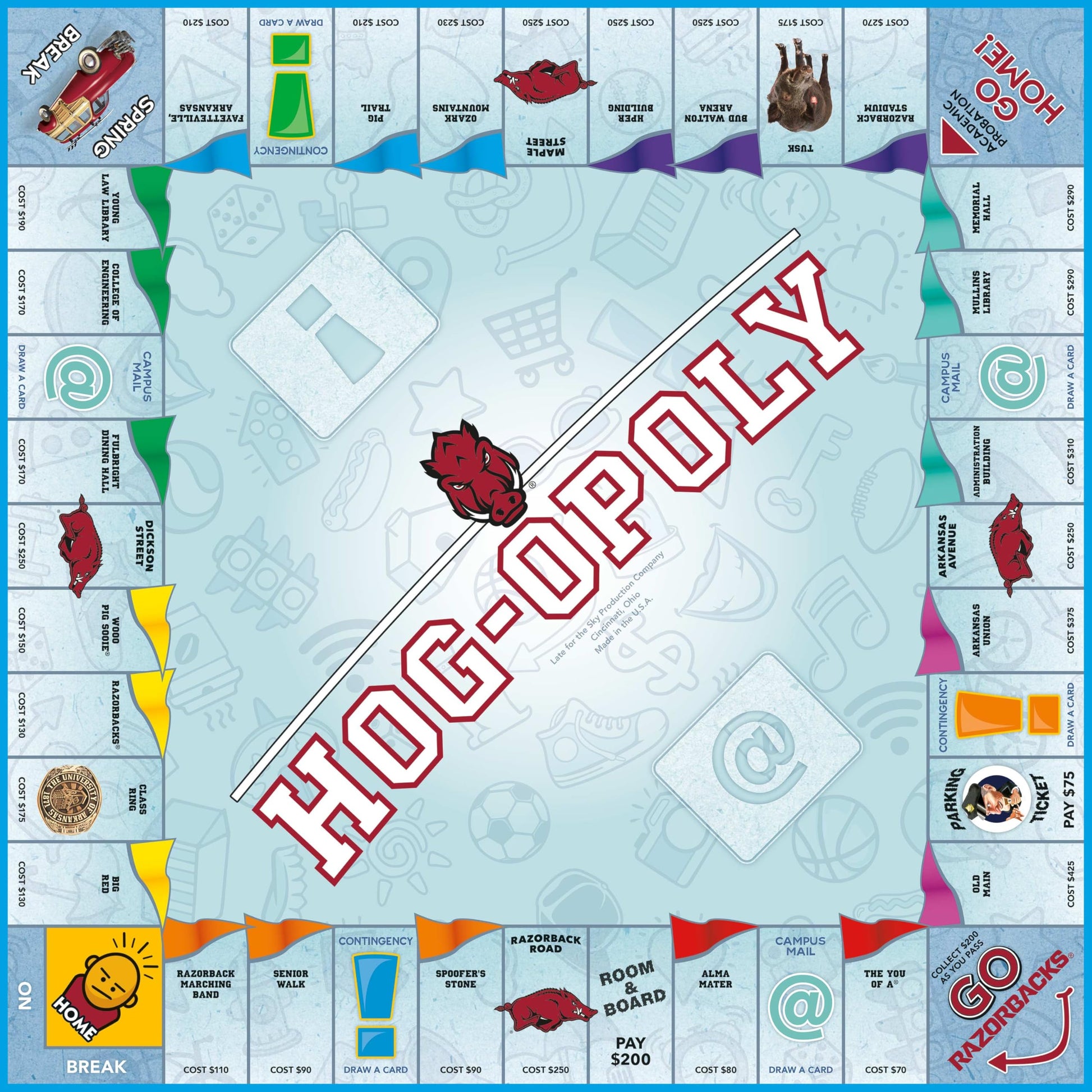 Late for The Sky University of Arkansas Hogopoly Board Game - Razorbacks Campus Edition, Family Strategy Game, Alumni Collectible, 2-6 Players, Ages