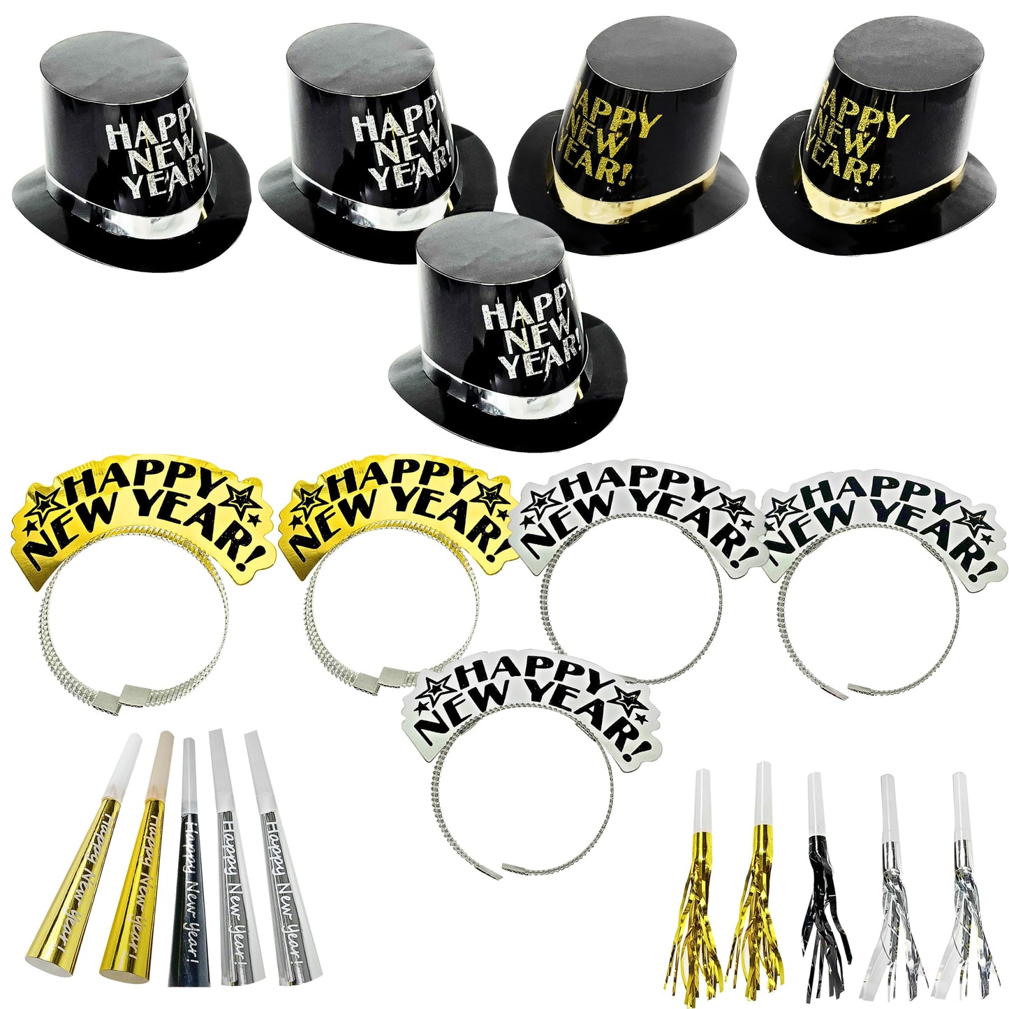4E's Novelty 20 Pcs New Years Eve Party Supplies 2026- Includes 5 Black Gold New Years Eve Hats, 5 Tiaras, & 10 New Years Eve Noise Makers, Happy New