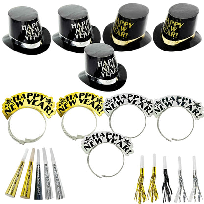 4E's Novelty 20 Pcs New Years Eve Party Supplies 2026- Includes 5 Black Gold New Years Eve Hats, 5 Tiaras, & 10 New Years Eve Noise Makers, Happy New