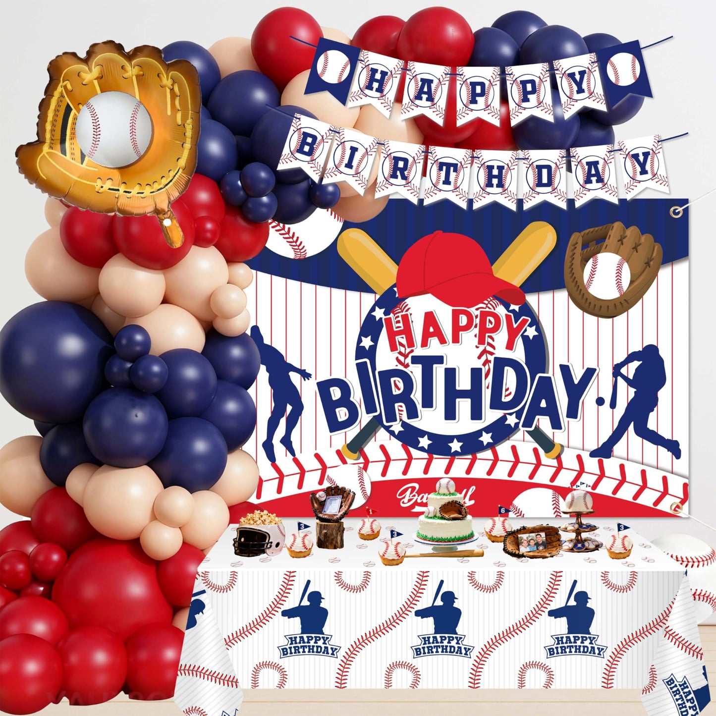 Baseball Party Decorations, Include Sport Themed Birthday Backdrop, Happy Birthday Banners, Baseball Balloons, Honeycomb Centerpiece