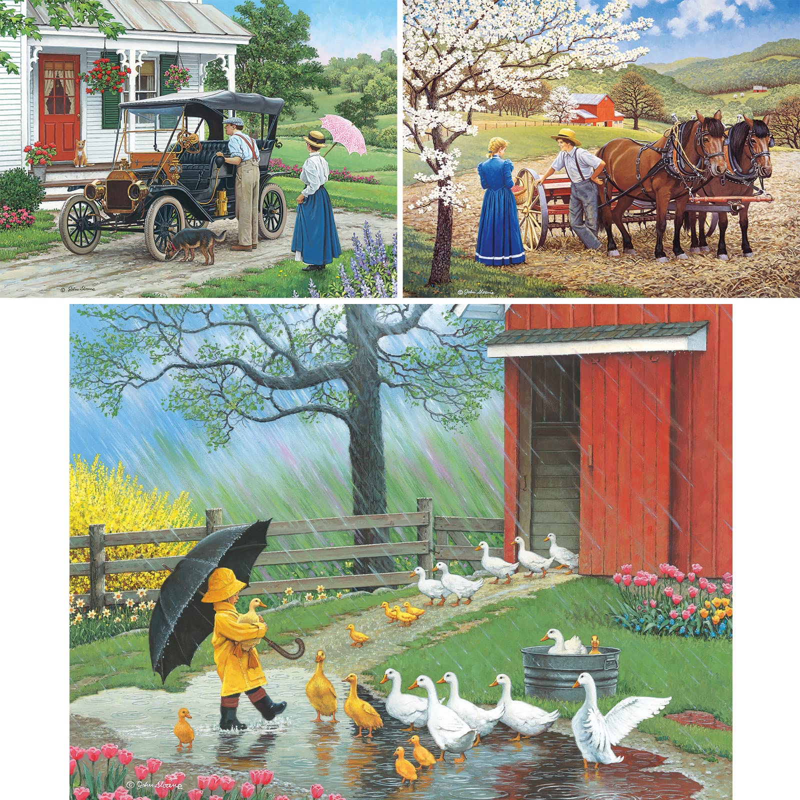 Bits and Pieces Value Set of Three Jigsaw Puzzles for Adults - That New Car Smell • A Good Day for Ducks • Groundwork - Artwork by John Sloane - 18" x